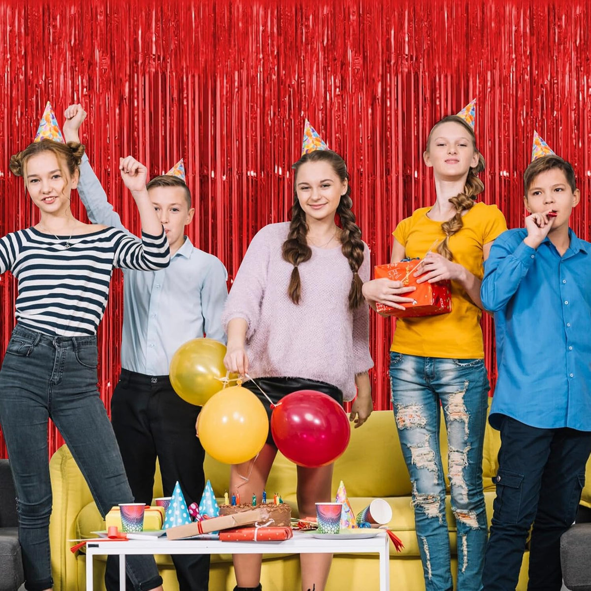Red Fringe Curtain Party Streamers, 12 Pack 3.3ft x 8.2 ft Foil Curtain Backdrop Tinsel Foil Fringe