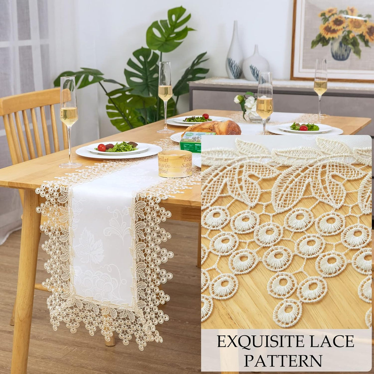 Beige lace Premium Rectangle Farmhouse Table Runner Waterproof OilProof SpillProof AntiShrink Soft