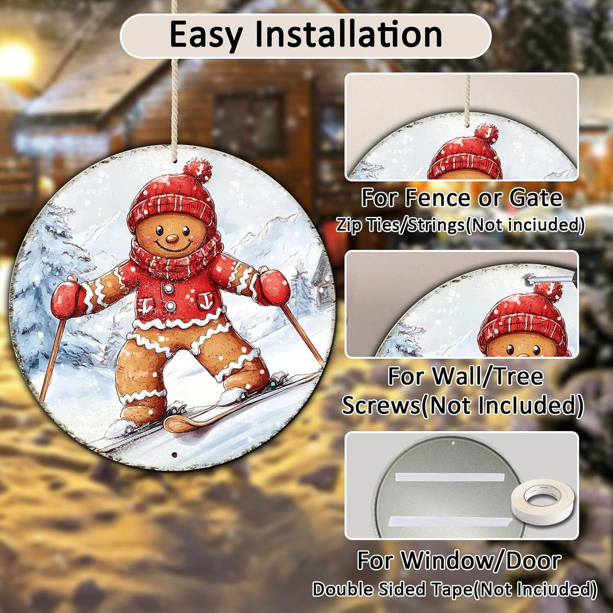 Round Gingerbread Man Ski Vintage Metal Sign Skiing Sign, Office Sign Home Décor Ski Lodge Décor