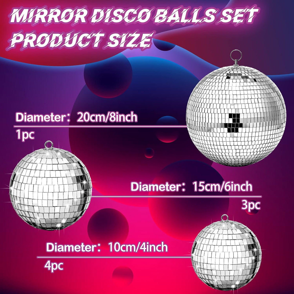 Haull 8 Pcs Large Disco Ball Set Silver Mirror Disco Reflective Ball with Hanging Ring Party