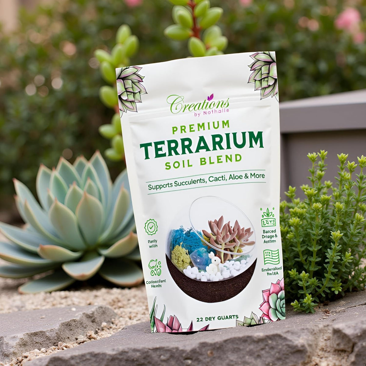 Terrarium Soil Blend - Well Draining Potting Soil for Live Succulents, Cactus, Aloe - Terrarium