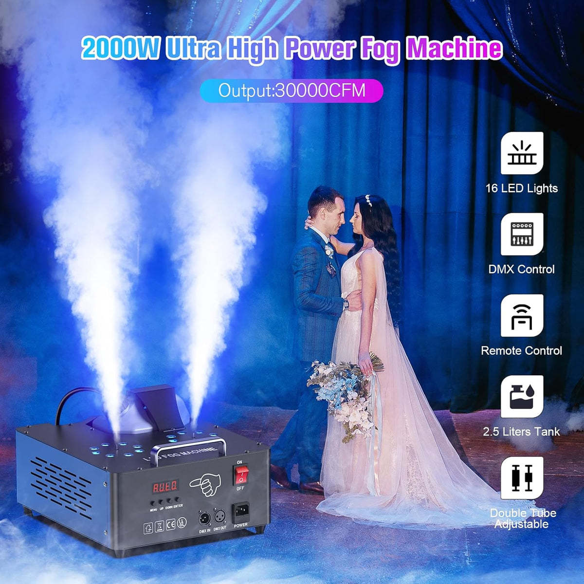 2000W Professional Fog Machine Dual Nozzle with 16 RGB LED, DMX Control Adjustable Smoke Direction