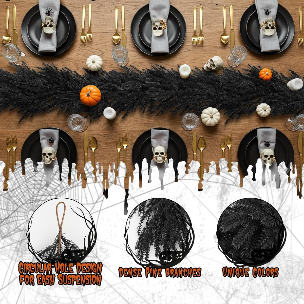 N&T NIETING 5.9FT Halloween Black Artificial Norfolk Pine Garland Real Touch Christmas Garlands