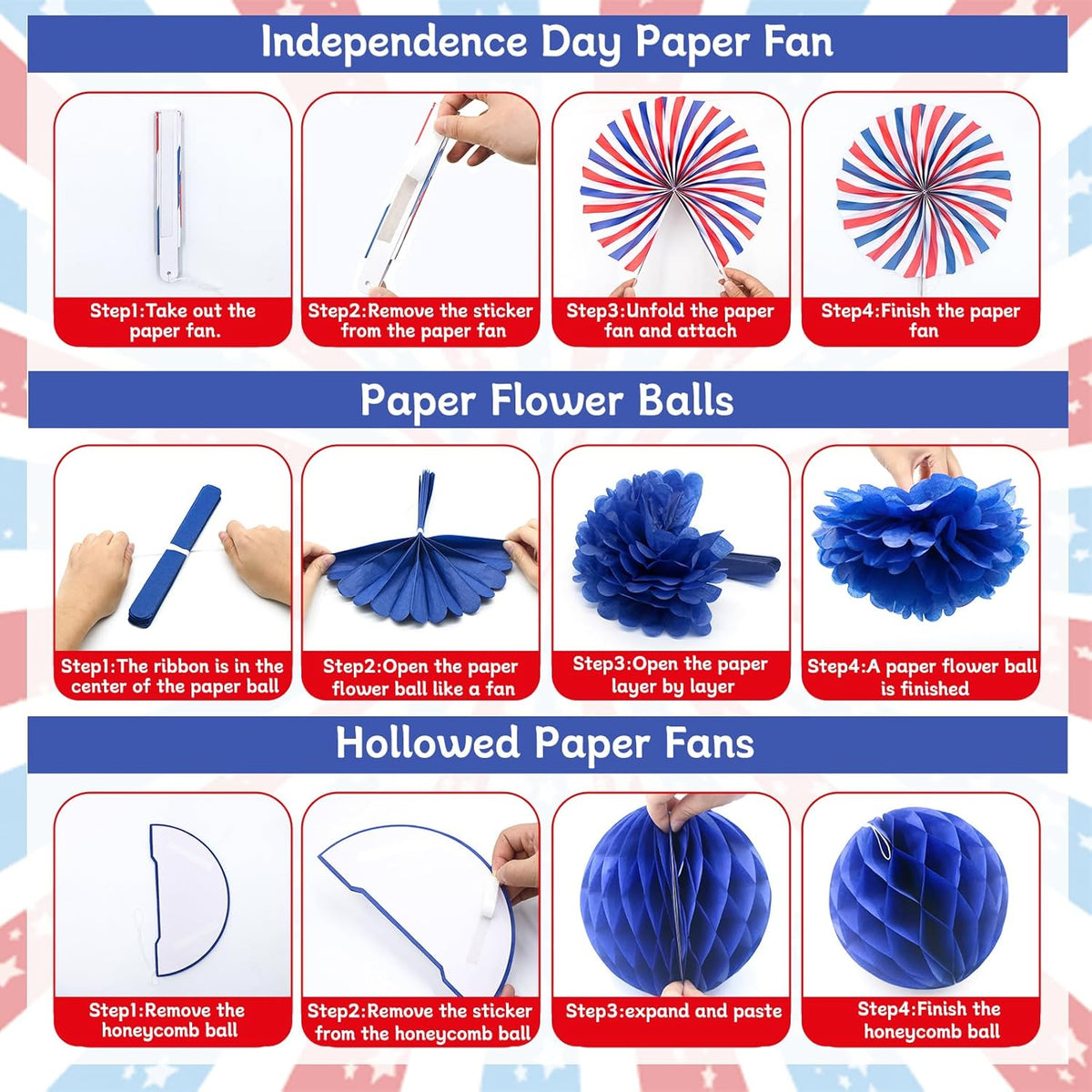 24PCS Patriotic Decorations 4th of July Decorations Set Red White Blue Hanging Paper Fans USA Flag