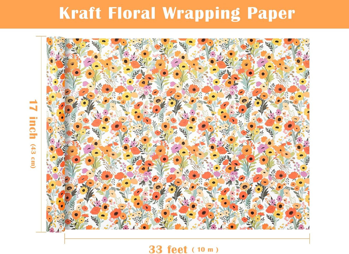 WRAPAHOLIC Kraft Floral Wrapping Paper Roll - Mini Roll - 17 Inch x 33 Feet - Bright Summer Flower