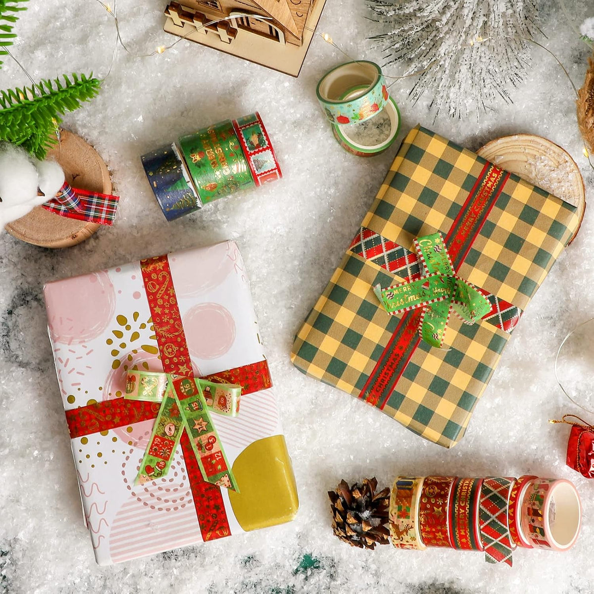 16 Rolls Christmas Washi Tape Holiday Masking Tape 4 Sizes Red Green Christmas Wrapping Tape Glod