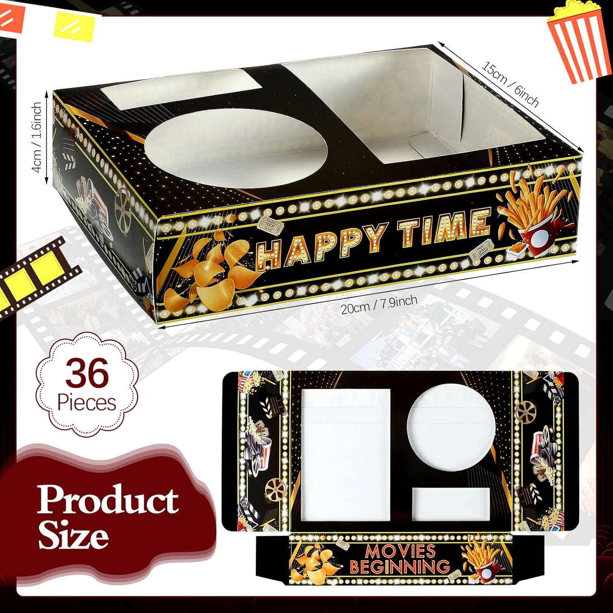 Faccito 36 Pcs Movie Night Snack Trays Movie Theater Snack Boxes Night Supply Disposable Paper