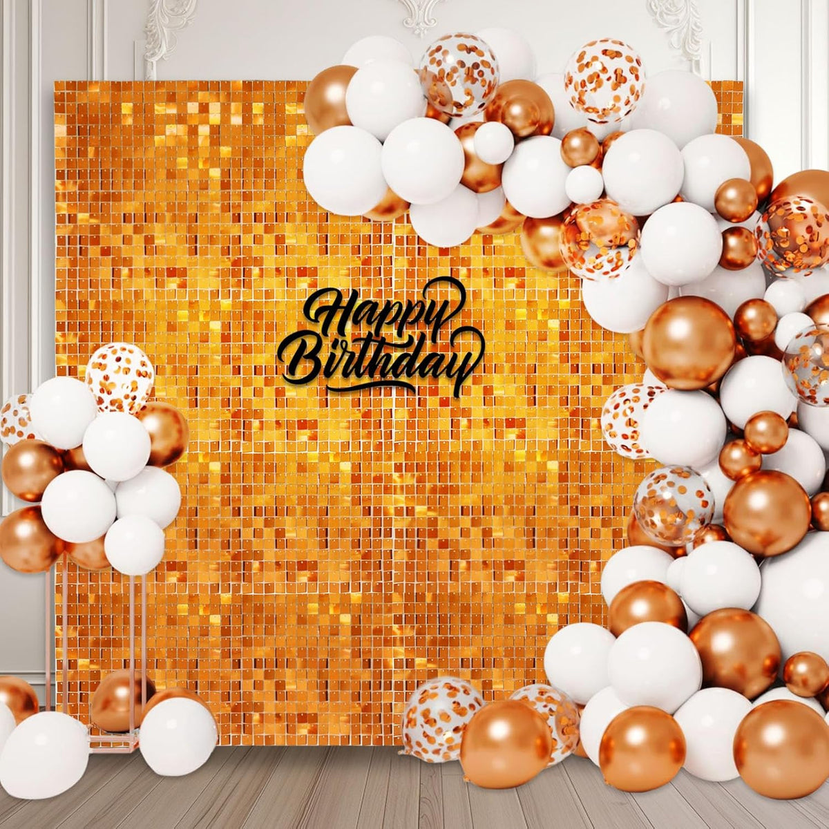 12PCS Orange Shimmer Wall Backdrop, Square Sequin Photo Backdrops Panel, Glitter Wall Background