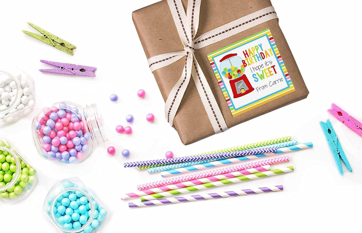 Custom & Personalized Sweet Gumball Happy Birthday Gift Tag Sticker Labels, 24 2.5" Square Stickers