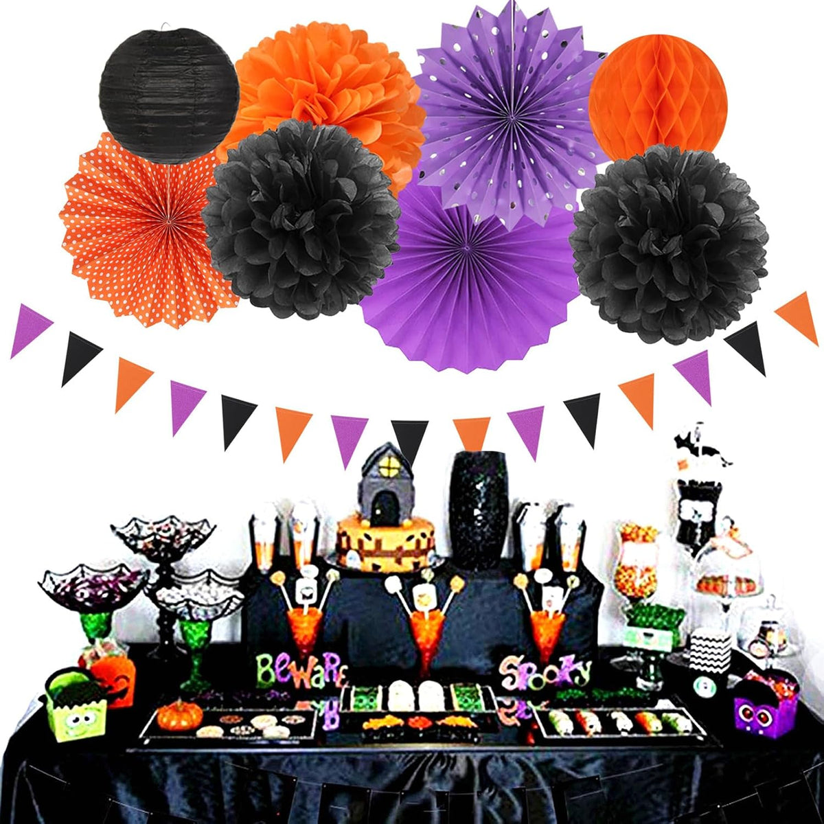 Black Orange Purple Halloween Party-Decorations - 20pcs Paper Lanterns Fans,Tissue Pom