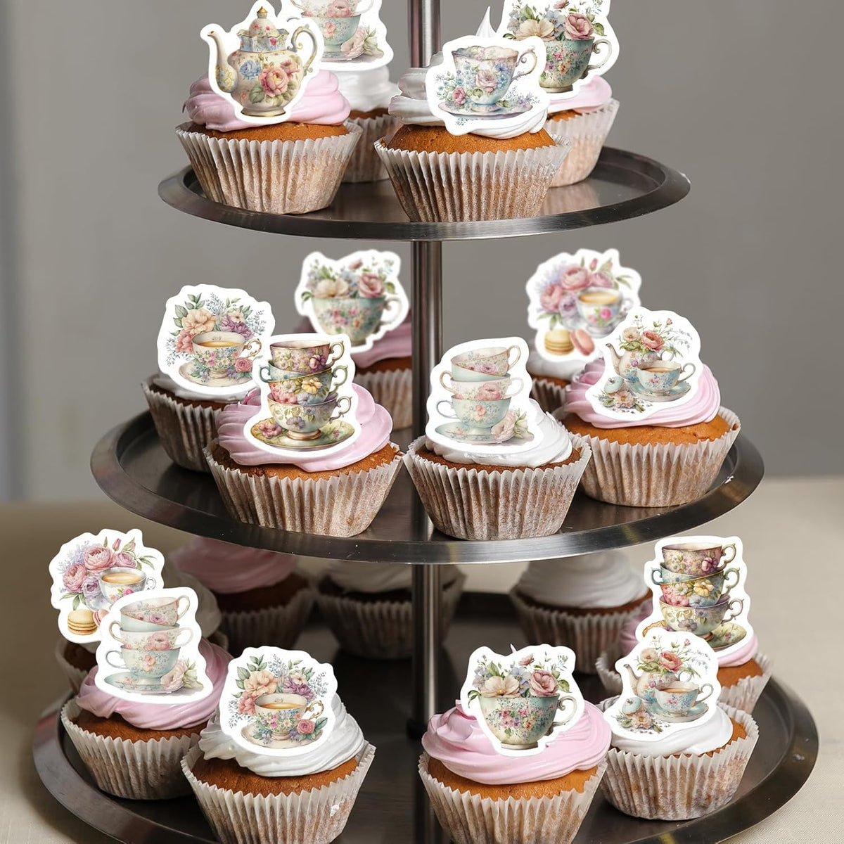 45PCS Edible Tea Party Cupcake Toppers Wafer Paper Teapot Teacup Cupcake Toppers Floral Tea Time