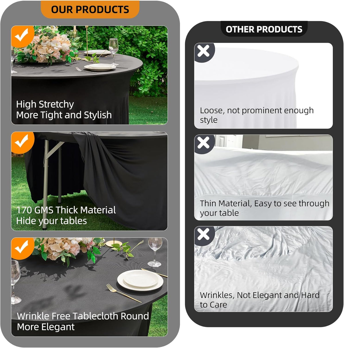 8 Pack Black Round Spandex Tablecloth 60 Inch, Wrinkle Free Stretch 120 Inch Fitted 5ft Black Table