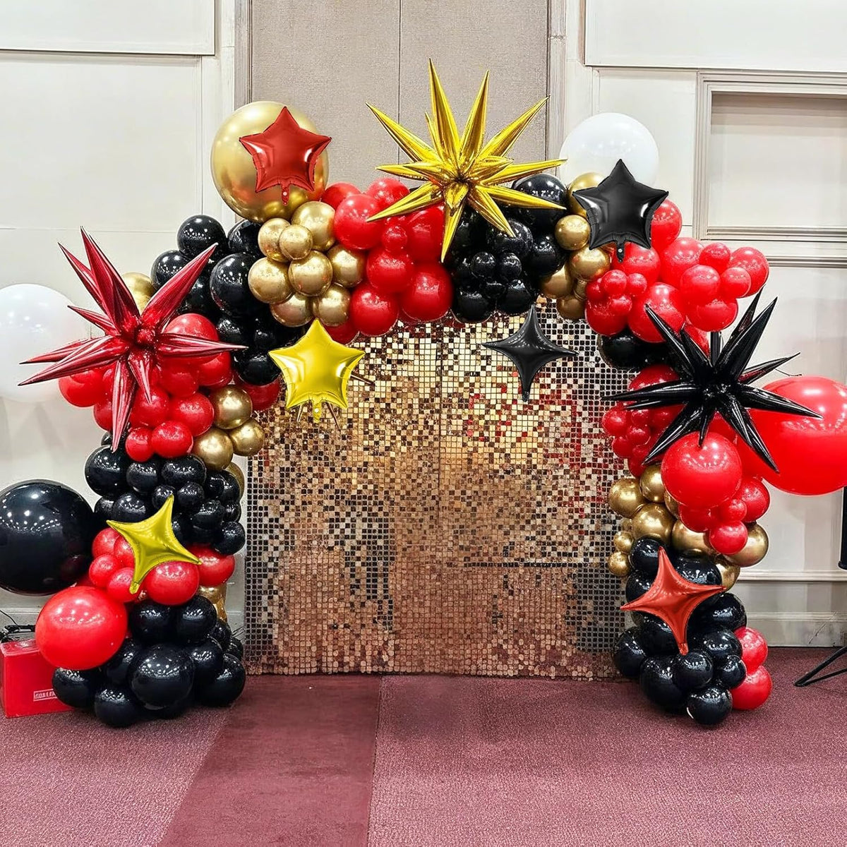 Black Gold Red Star Balloon,16Pcs Star Foil Balloons Set with 22Inch Explosion Spike Cone Balloons