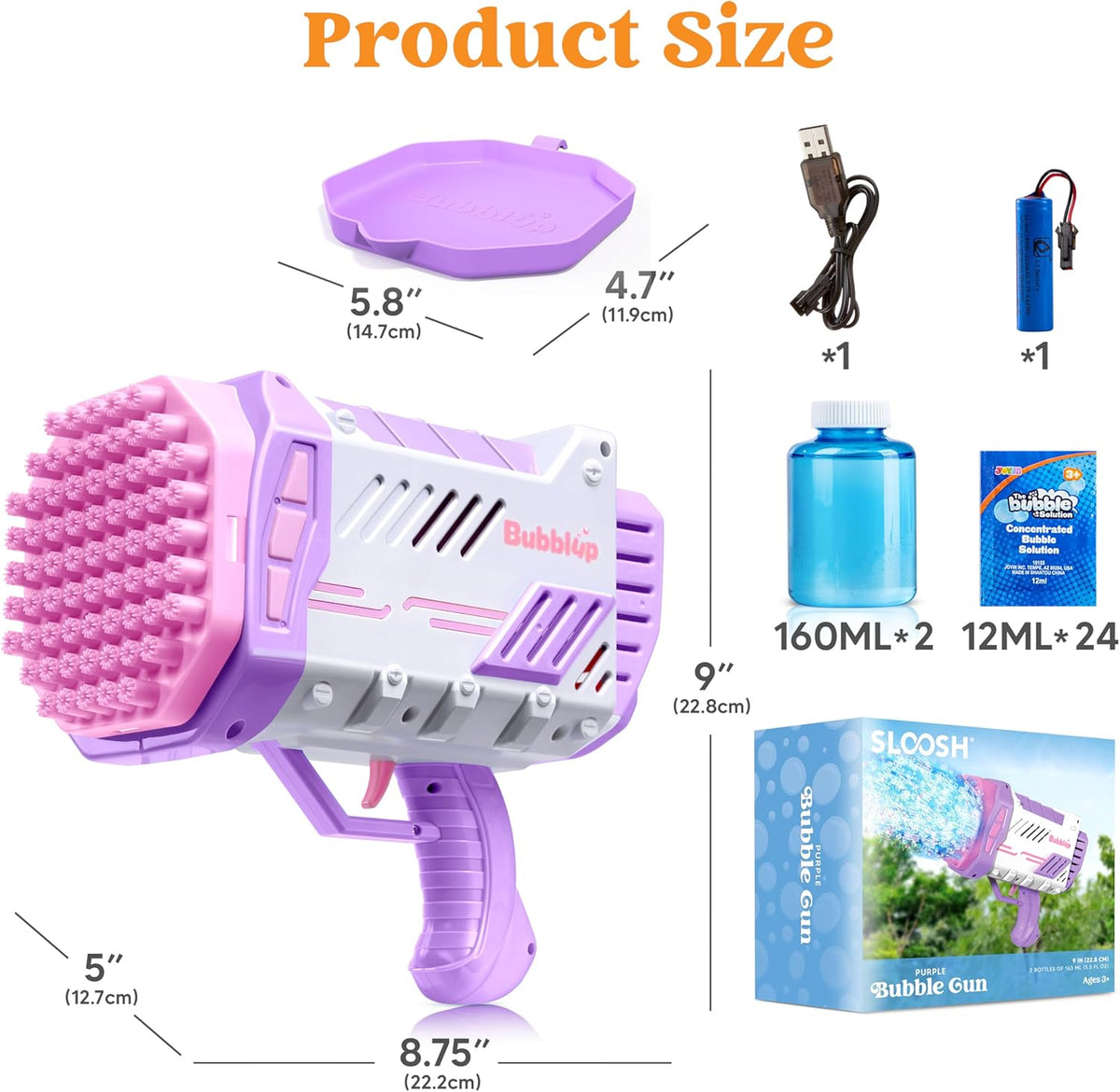 Sloosh Bubble Machine Gun W/Solution for Kids Ages 4-8, Light-Up Bazooka Rocket Shape Bubble Guns