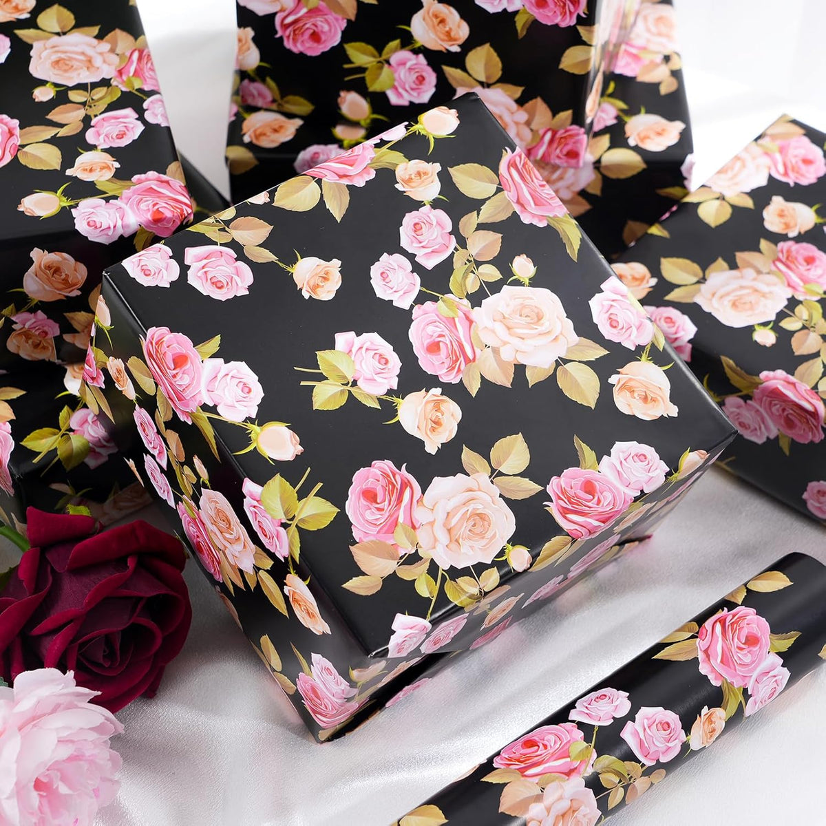 Ulmasinn Floral Wrapping Paper Roll - 17 Inches x 33 Feet - Vintage Romantic Pink Rose Flower Gift