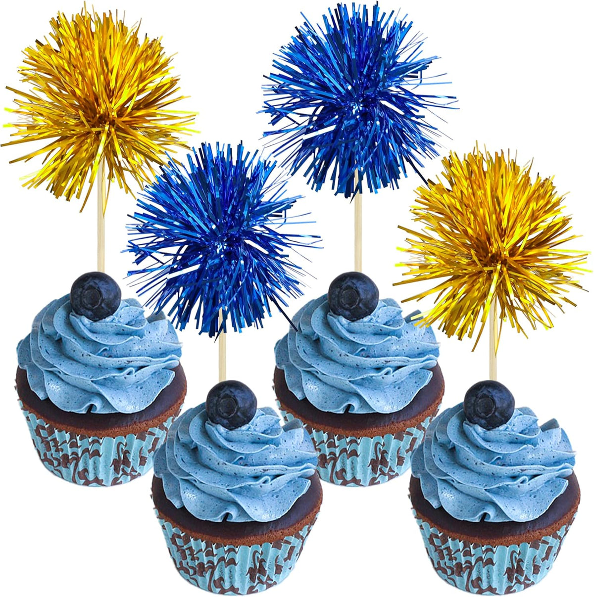 Gyufise 30Pcs Foil Firework Cupcake Toppers Sparkle Tinsel Cake Toppers Tinsel Drink Cake