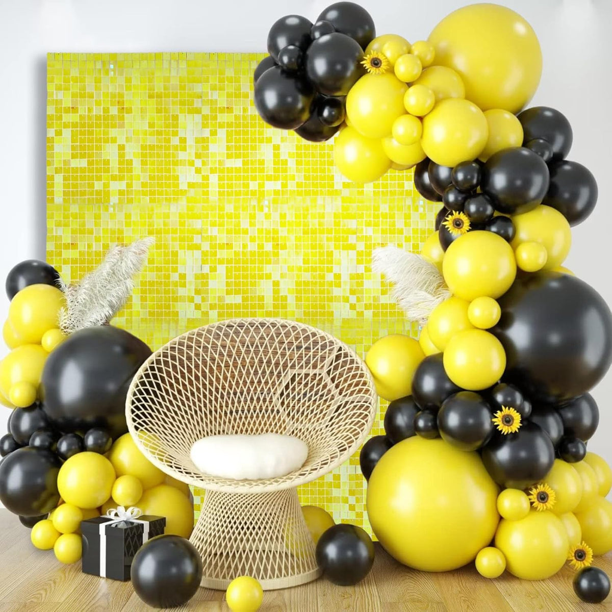 12PCS Colorful Yellow Shimmer Wall Backdrop, Square Sequin Photo Backdrops Panel, Glitter Wall