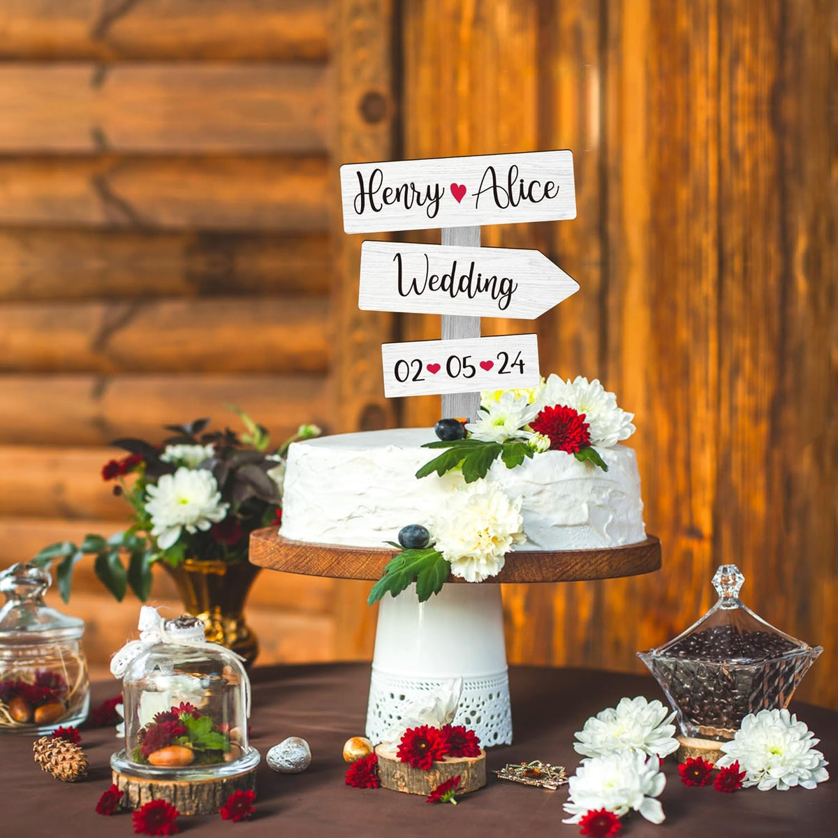 Personalized Rustic Wedding Cake Topper in Wood Custom Bride & Groom Names Initials Wedding Date