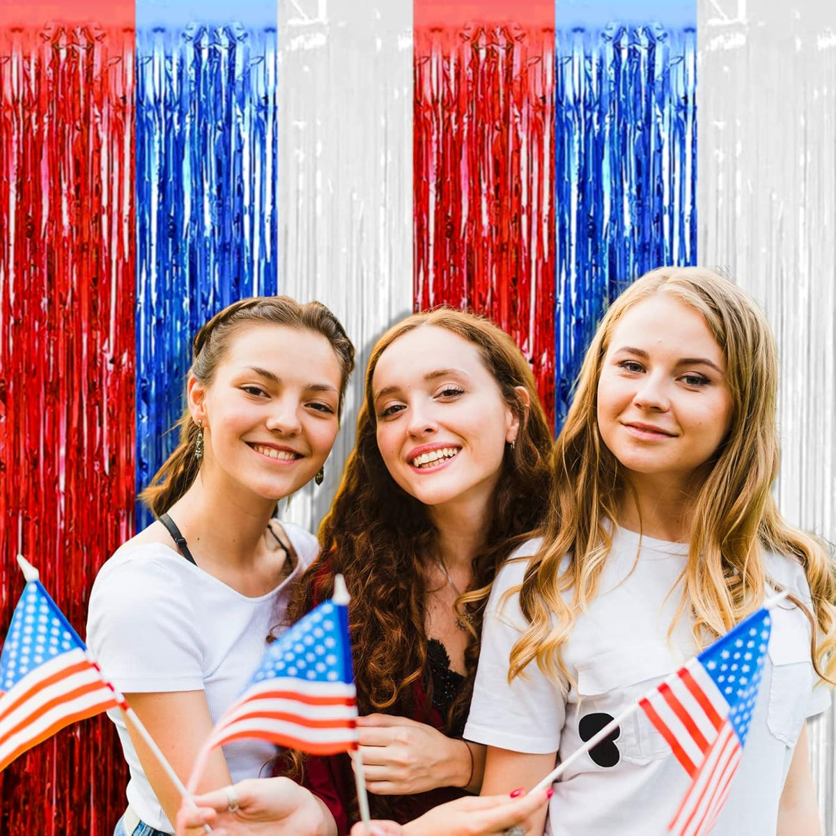 4 Pack Red Blue White Foil Fringe Curtain Backdrop, 3.28Ft x 9.8Ft Metallic Tinsel Foil Fringe