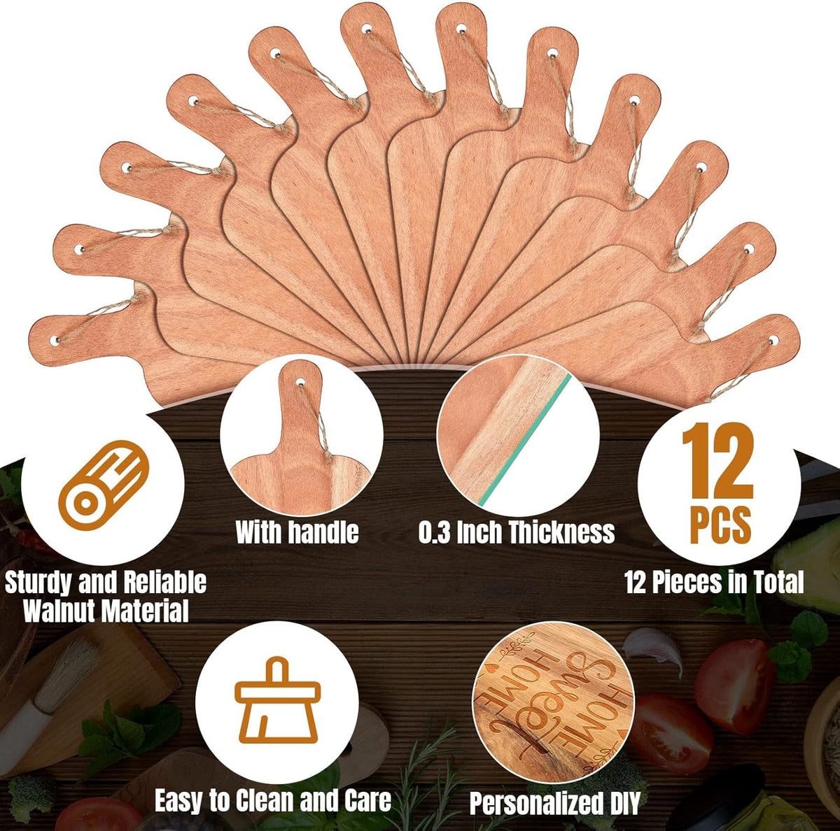 Patelai 12 Packs Wooden Cutting Board Set with Handles Large Kitchen Serving Plain Chopping Board