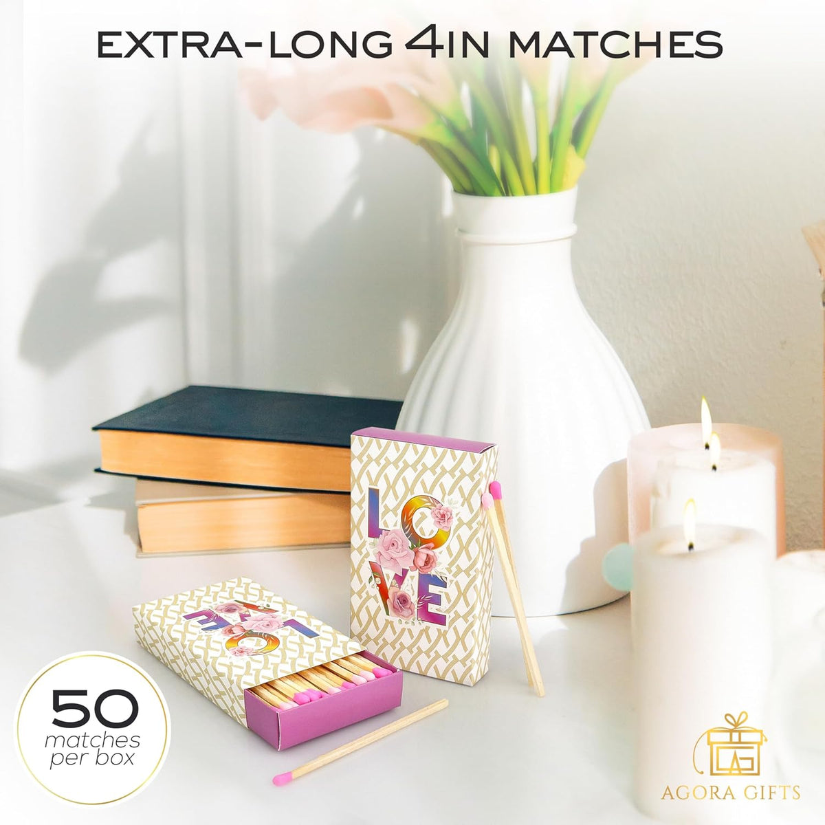 Decorative Matches Box -4-Inch Long Matches for Candles with Strike - Wooden Colorful Candle Sticks