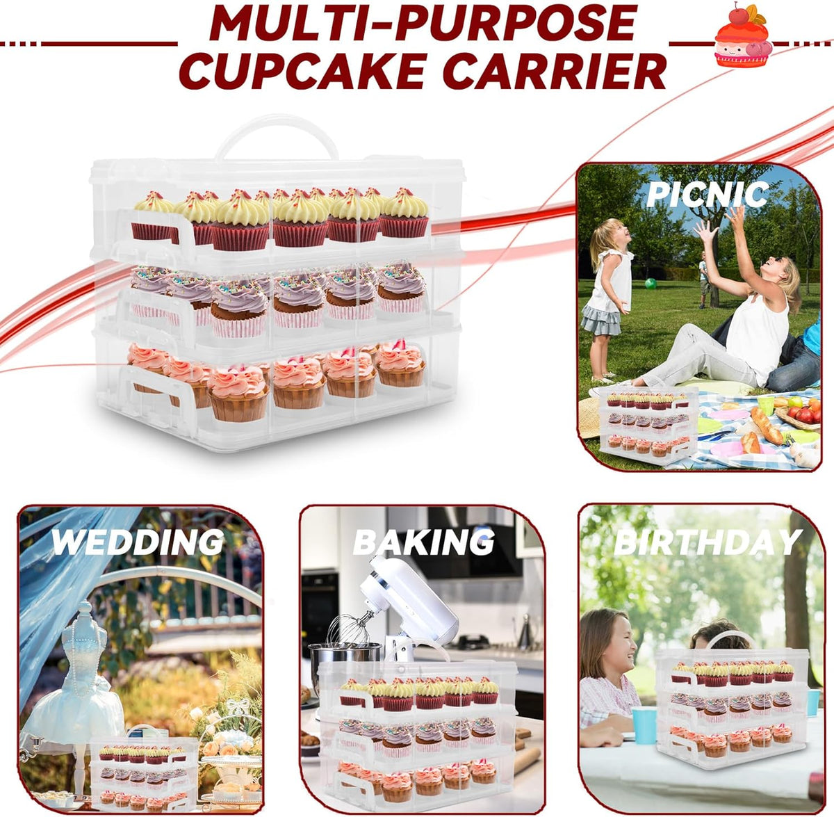 Cupcake Carrier, 3-Tiers Cupcake Containers, Holds 36 Cupcakes or 3 Large Cakes, Cupcake Holder