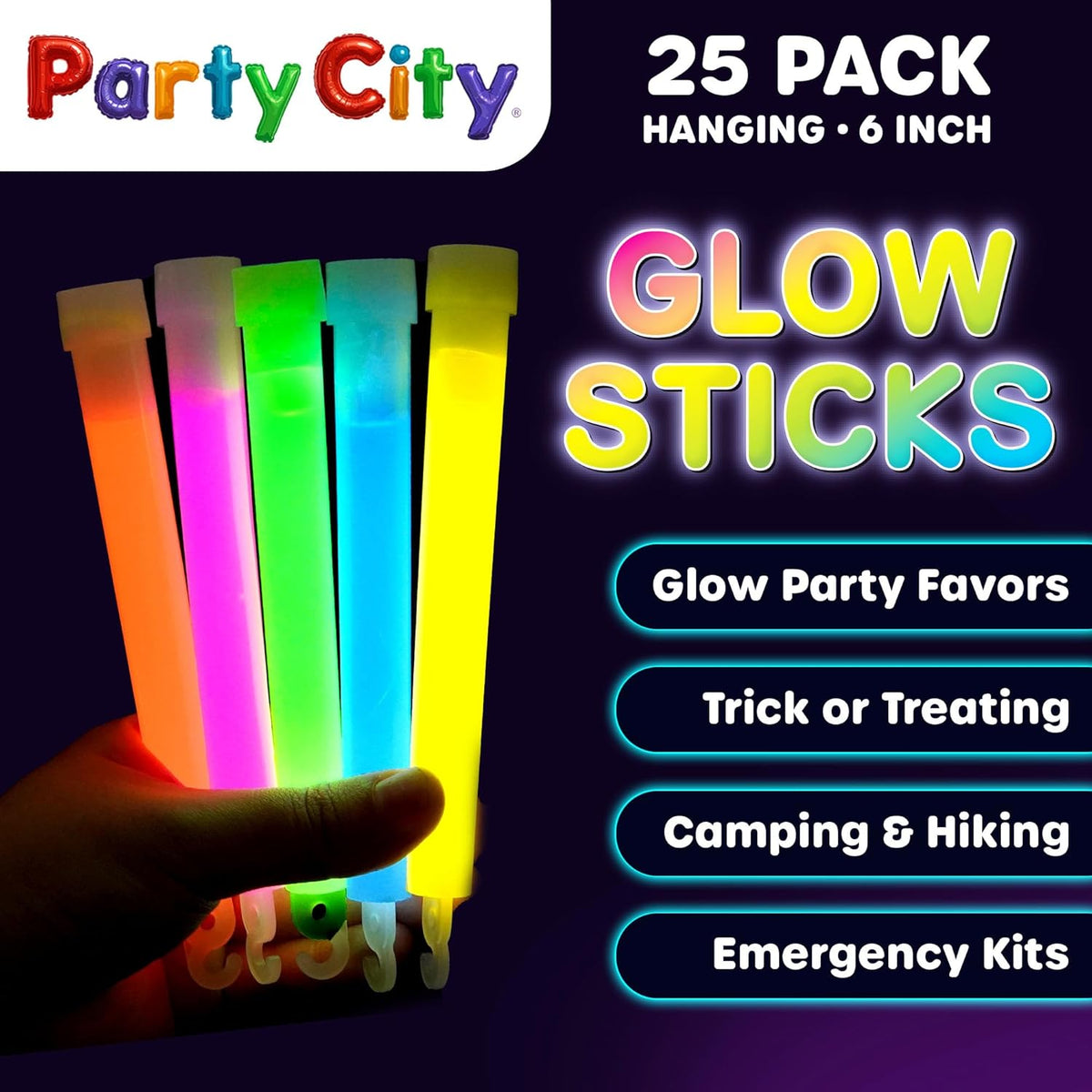 Party City Multicolor Glow Sticks Bulk Pack 6”- 25pk Glow in the Dark Sticks for Kids, Waterproof