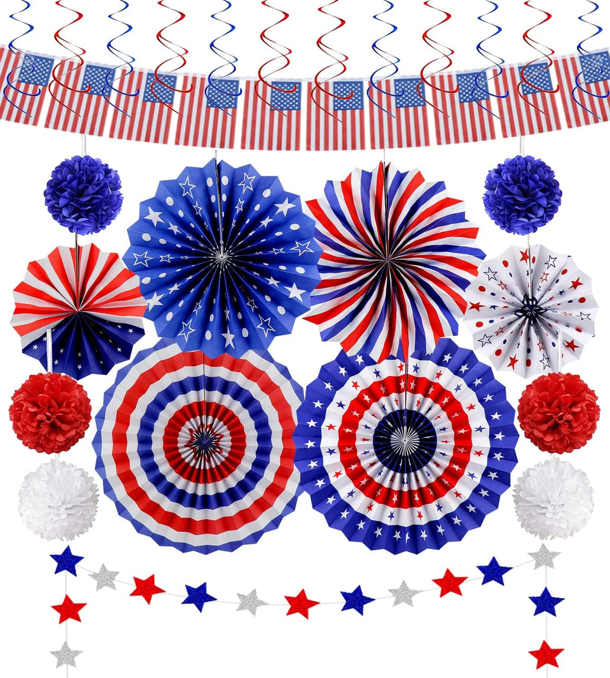 26Pcs 4th of July Decorations Patriotic Decor USA Flag String Red White Blue Paper Fans Star