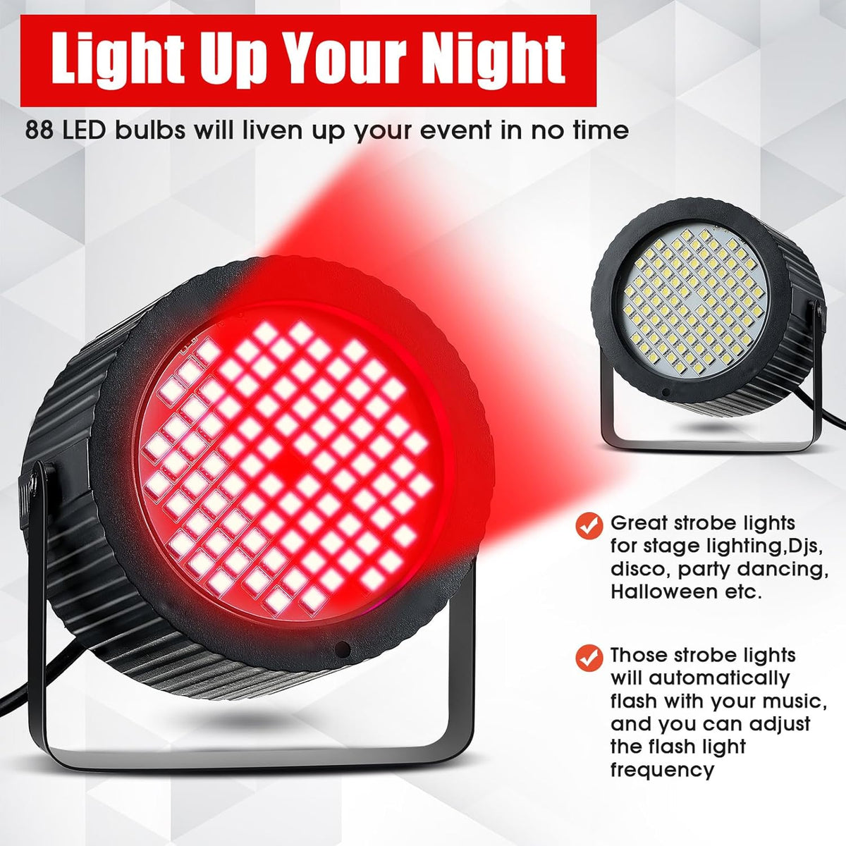 Funtery 2 Pcs Bright White Strobe Light 88 LEDs Flash Party Lighting Speed and Sound Modes Flashing
