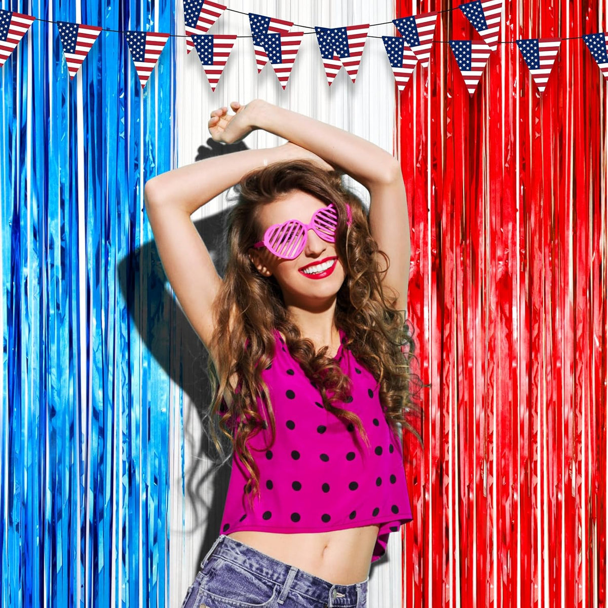 3 Pack 3.3 x 8.2 ft Red White and Blue Foil Fringe Backdrop Curtains, Tinsel Streamers Party