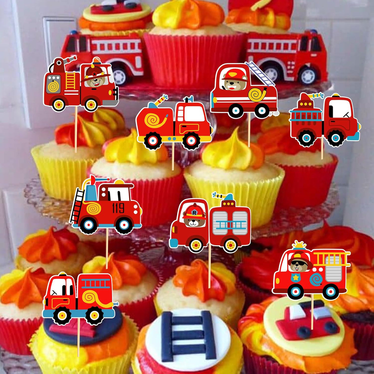 24pcs Fire Truck Cupcake Toppers Bear Firefighter Fire Truck Birthday Decorations Fireman Birthday