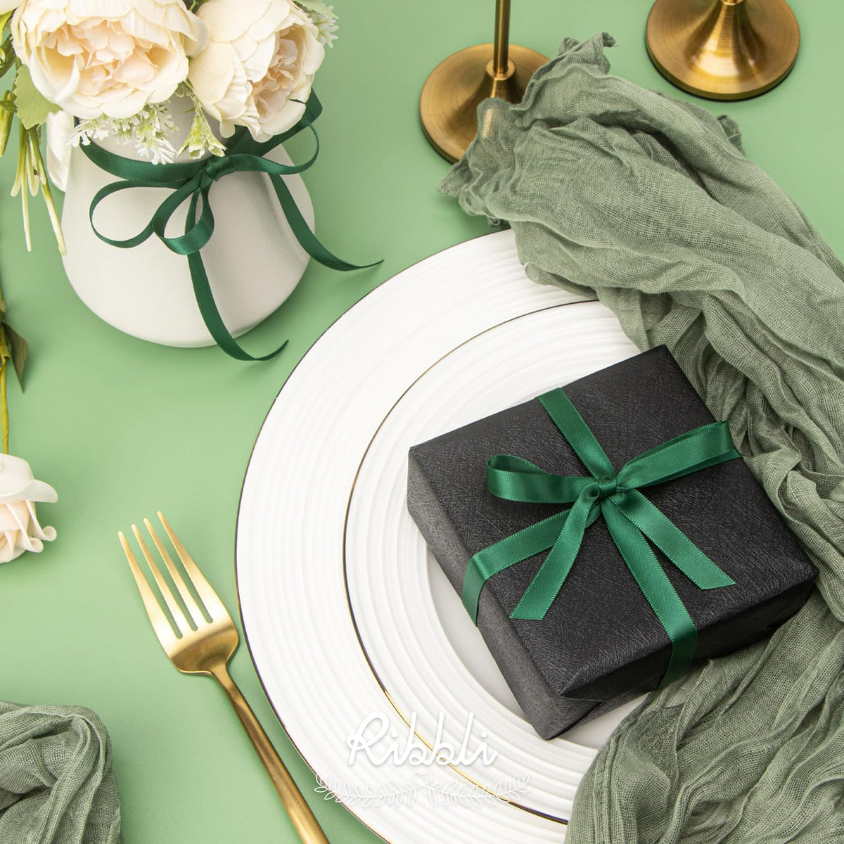 Ribbli Double Faced Forest Green Satin Ribbon,3/8” x Continuous 25 Yards,Use for Bows Bouquet,Gift