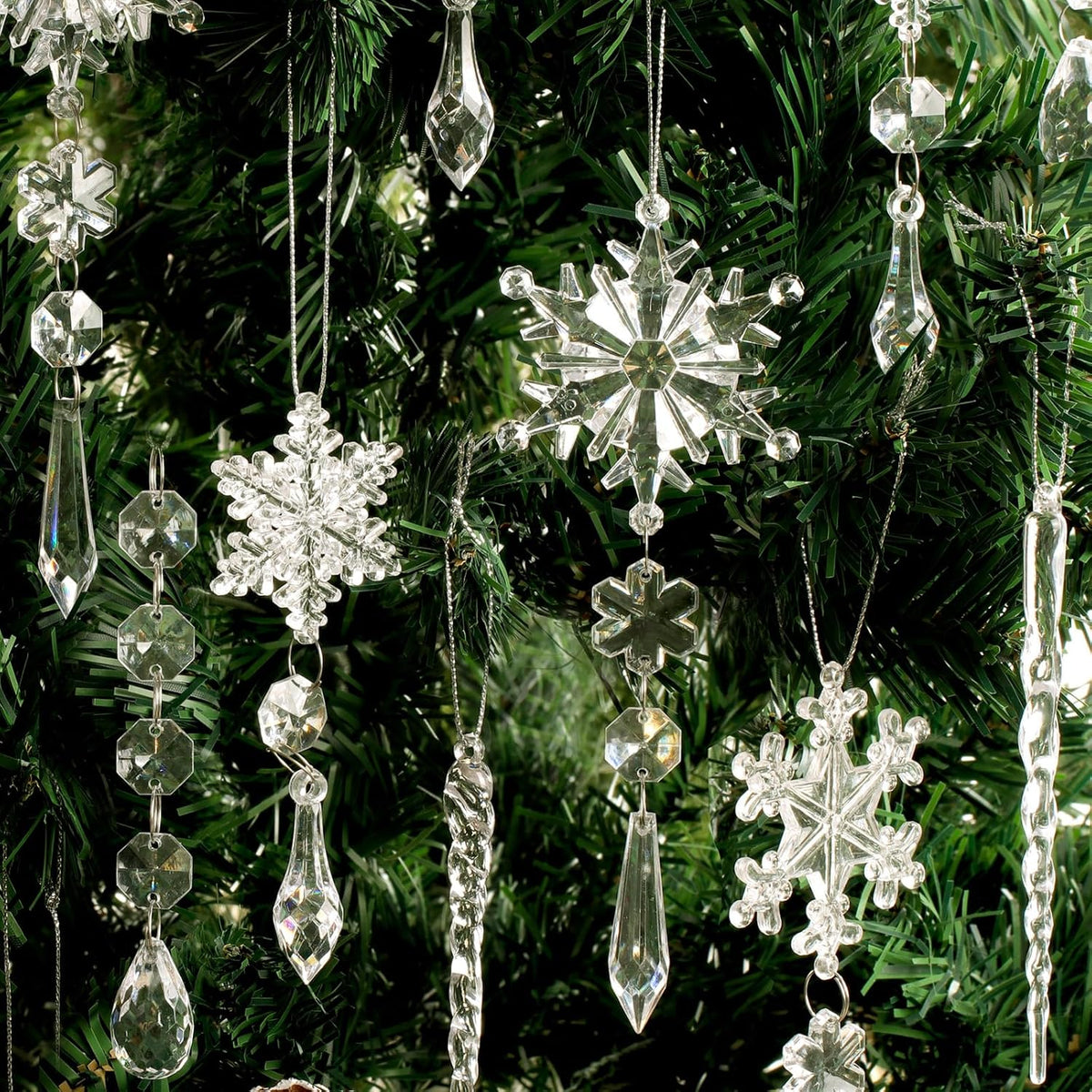 20pcs Christmas Ornaments Set for Tree - Hanging Acrylic Crystal Snowflake Icicle Drop Decorations