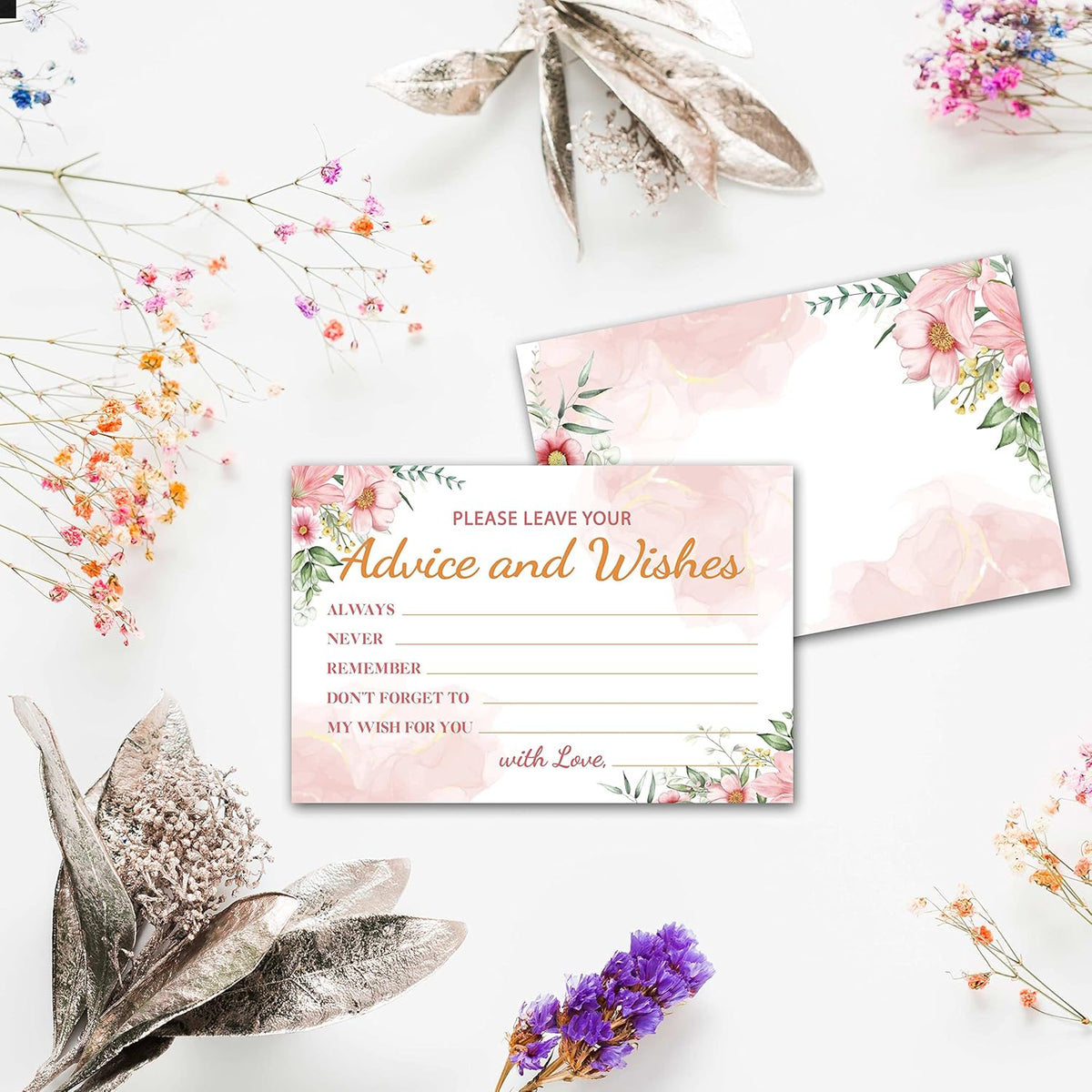 Boho Floral Greenery Advice and Wishes Cards, 25 Pcs Blush Pink Double Sided Advice Cards for The