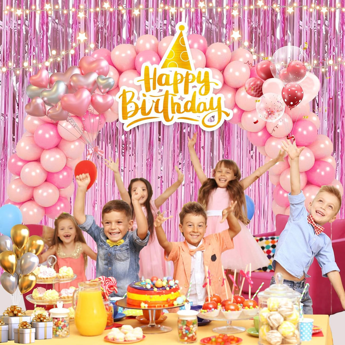 2 Pack 3.28 ft x 6.56 ft Pink Tinsel Curtain Party Backdrop Decorations, Metallic Foil Fringe