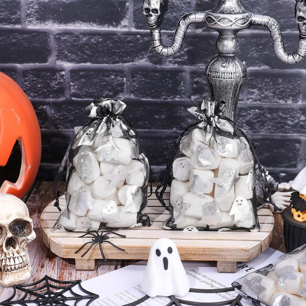 Whaline 100Pcs Halloween Organza Drawstring Bags Cute Foil Silver Ghost Jewelry Gift Bag 4''x6''