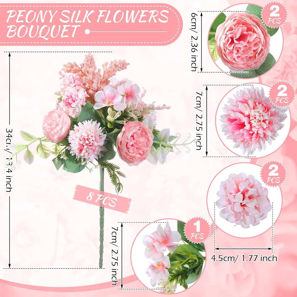 Zeyune 8 Pcs Wedding Silk Flowers Fake Silk Flowers Faux Bouquet Hydrangea Bouquets for Wedding