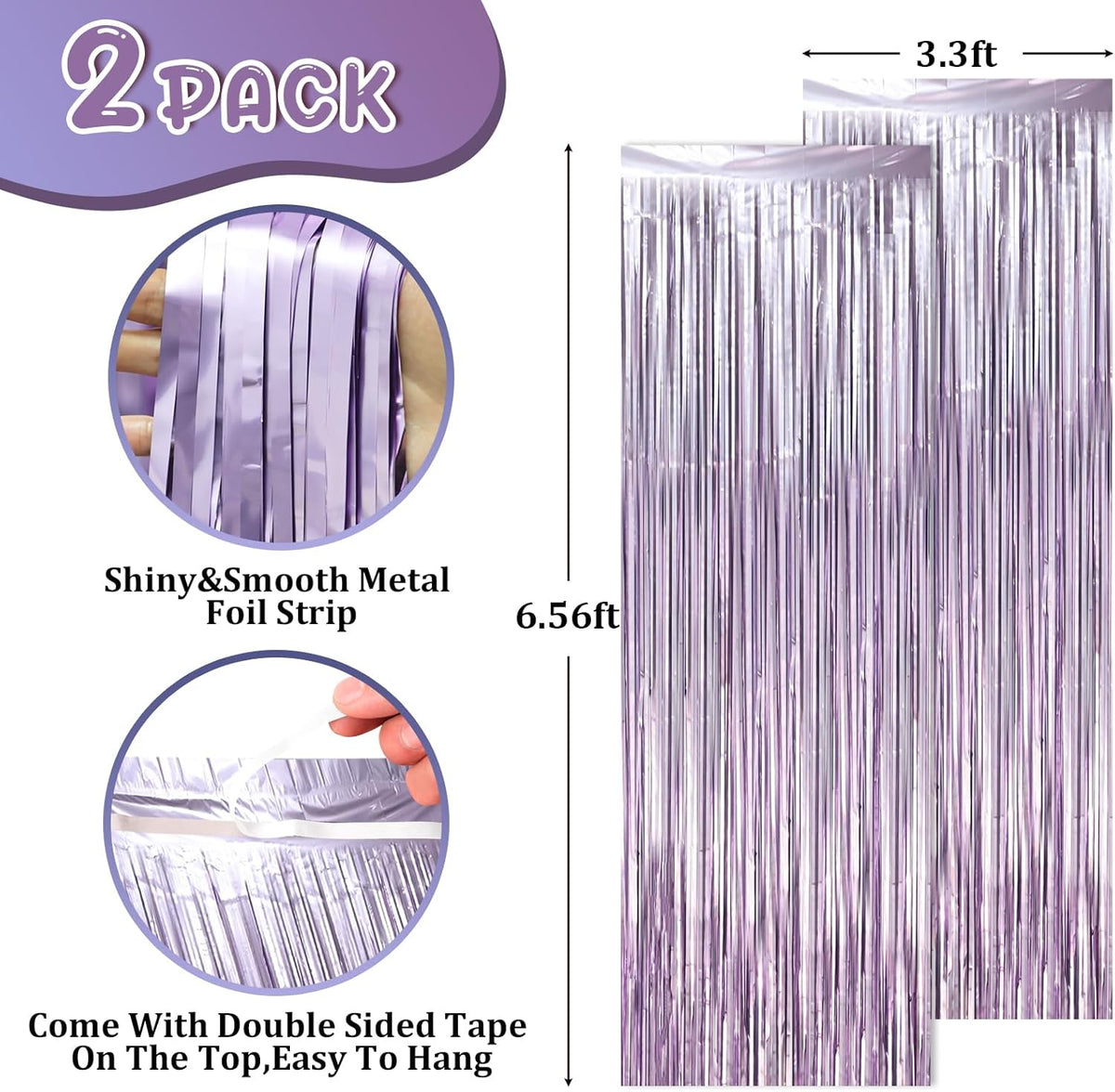 2 Pack Light Purple Foil Fringe Backdrop Curtains, Tinsel Streamers Party Decorations, Fringe