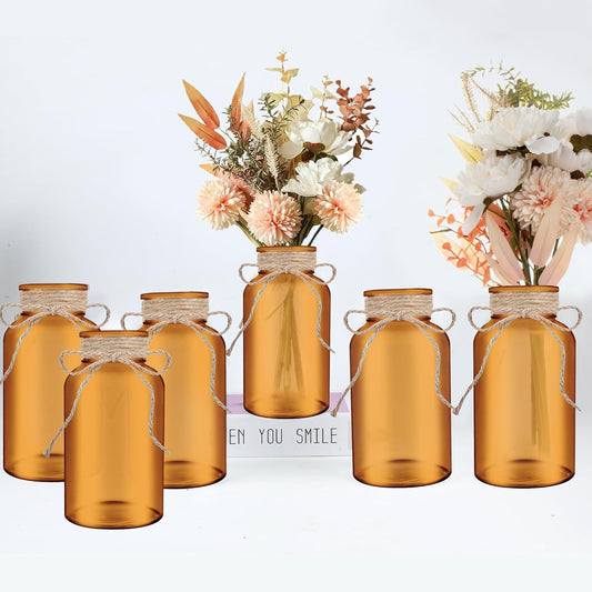 Vintage Glass Flower Vase，6 Pack Farmhouse Amber Gold Glass Centerpiece Vases Mason Jars for