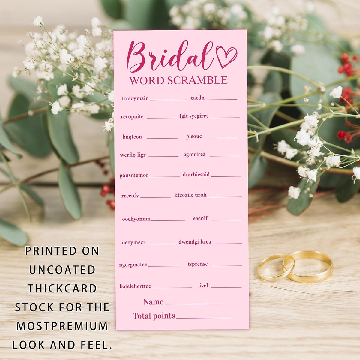 Pink Wedding Shower Games Cards, Bridal Word Scramble, 25 Game Cards with 1 Answer Card, 4x9, Bride