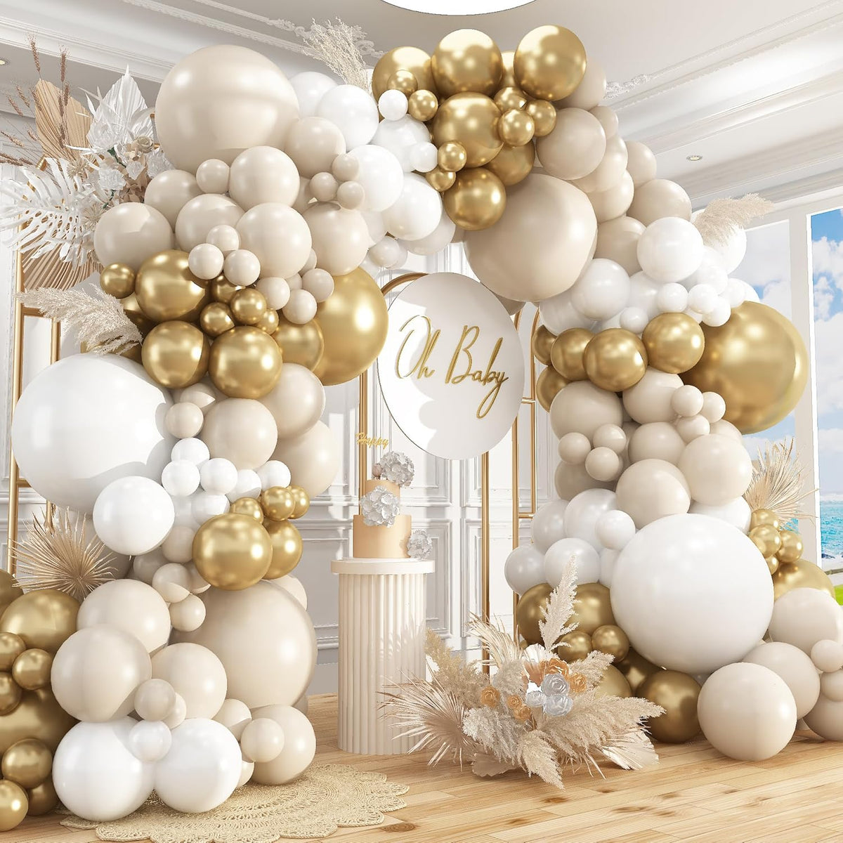 412pcs Sand White Gold Balloon Arch Kit, 18 12 10 5 Inch Different Size White Metallic Gold Latex