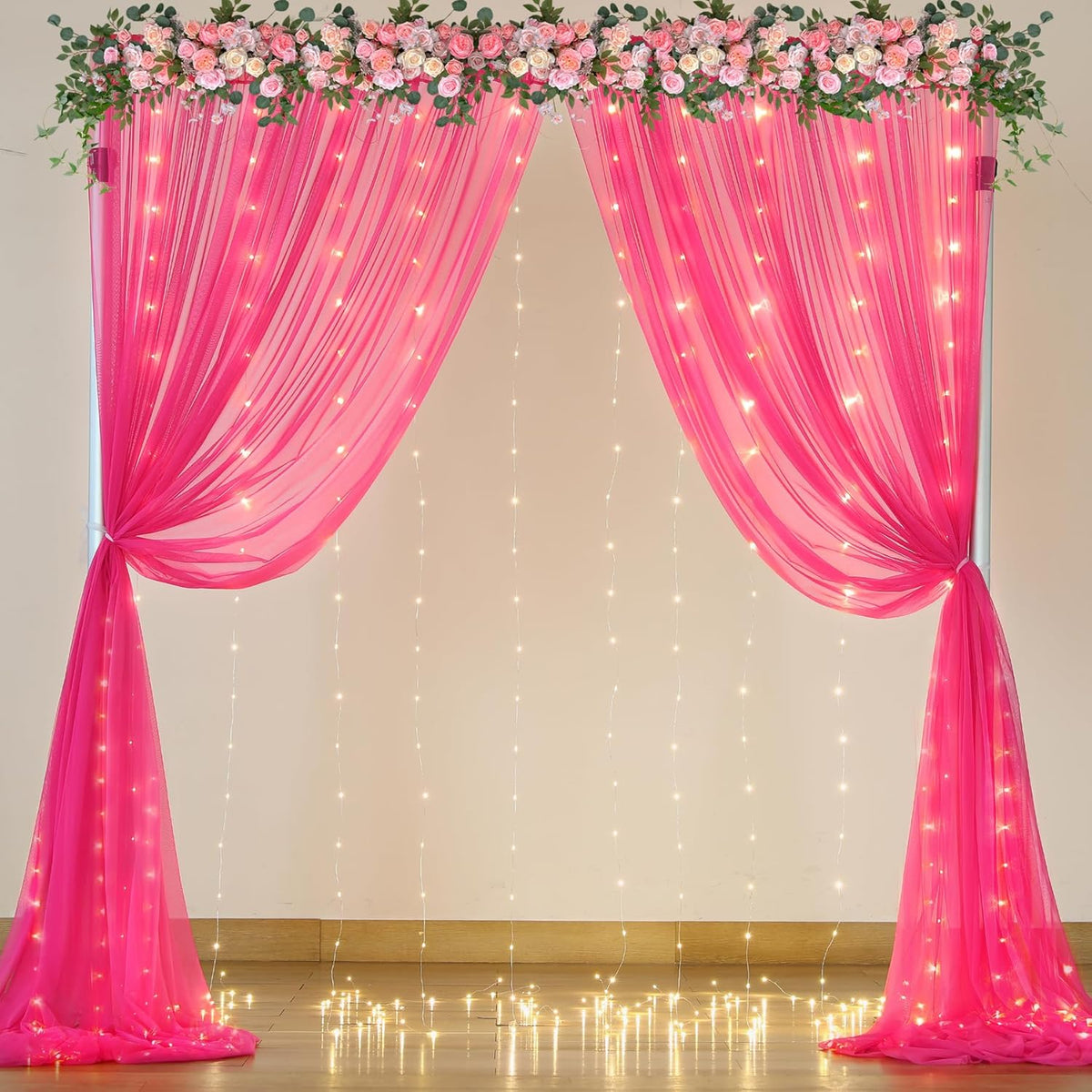 Hot Pink Tulle Backdrop Curtain with Lights for Parties 10x10ft Fuchsia Sheer Backdrop Curtains for