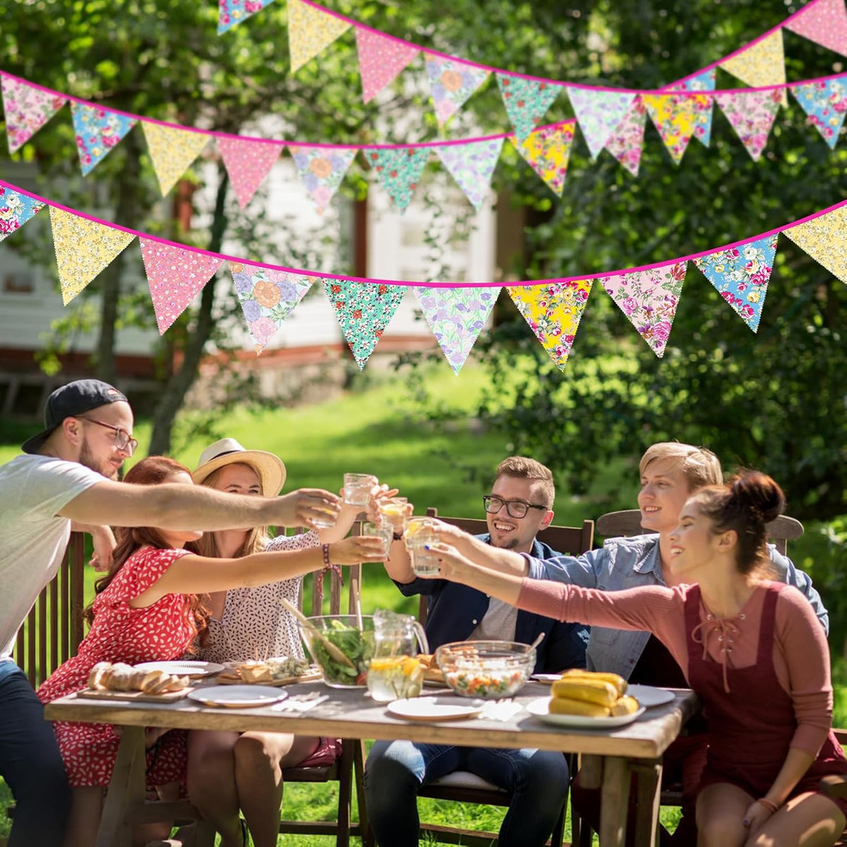 jijAcraft 39Ft Triangle Bunting Banner, 42Pcs Tea Floral Party Bunting Cotton Fabric Flags Pennant