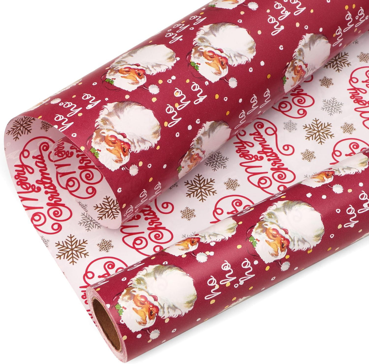 Ribbli Christmas Wrapping Paper Reversible Vintage Santa and Merry Christmas Red White Gift