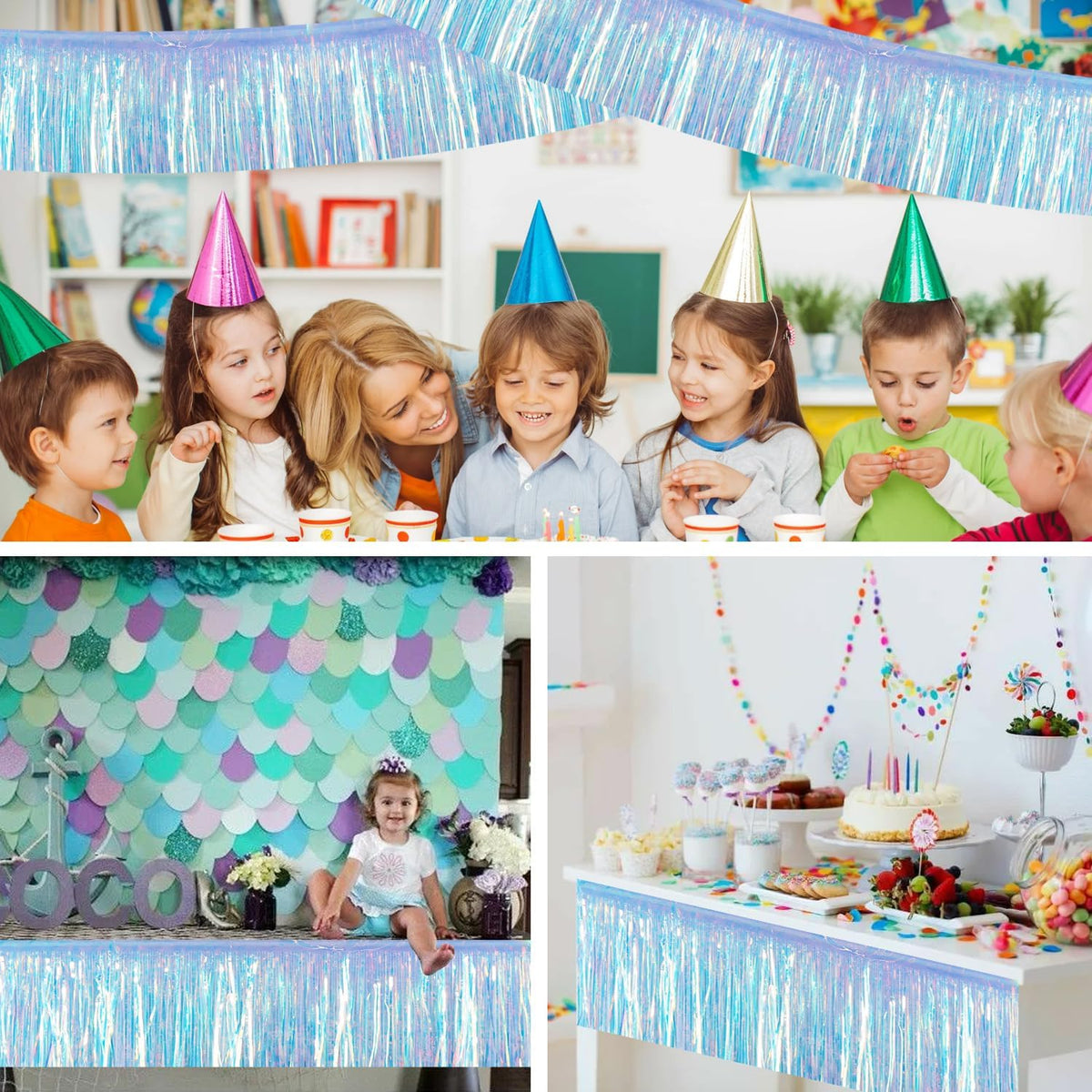 BEISHIDA 3 Packs 30 Feet Metallic Foil Fringe Garland Tinsel Streamers，Iridescent Blue Wall Hanging