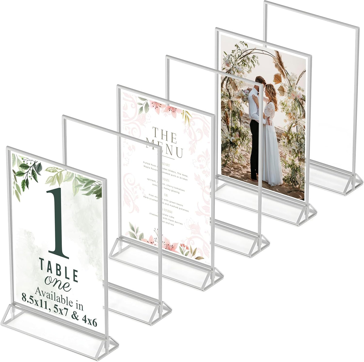 Silver Picture Frames Double-Sided, 6-Pack 8.5x11 Acrylic Table Number Holders, Clear Easel Stands