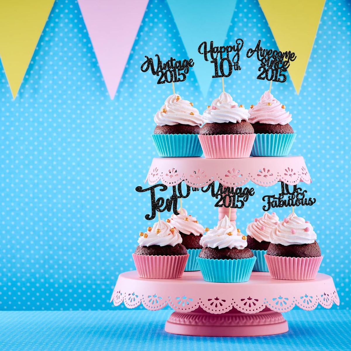 30Pcs Happy 10th Birthday Cupcake Toppers Glitter Ten Vintage 2015 Cupcake Picks Cheers to 10