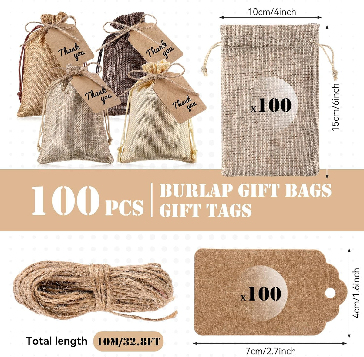 Woanger 100 Pcs Burlap Gift Bags with 100 Pcs Kraft Paper Gift Tags with Drawstring Favor Bulk