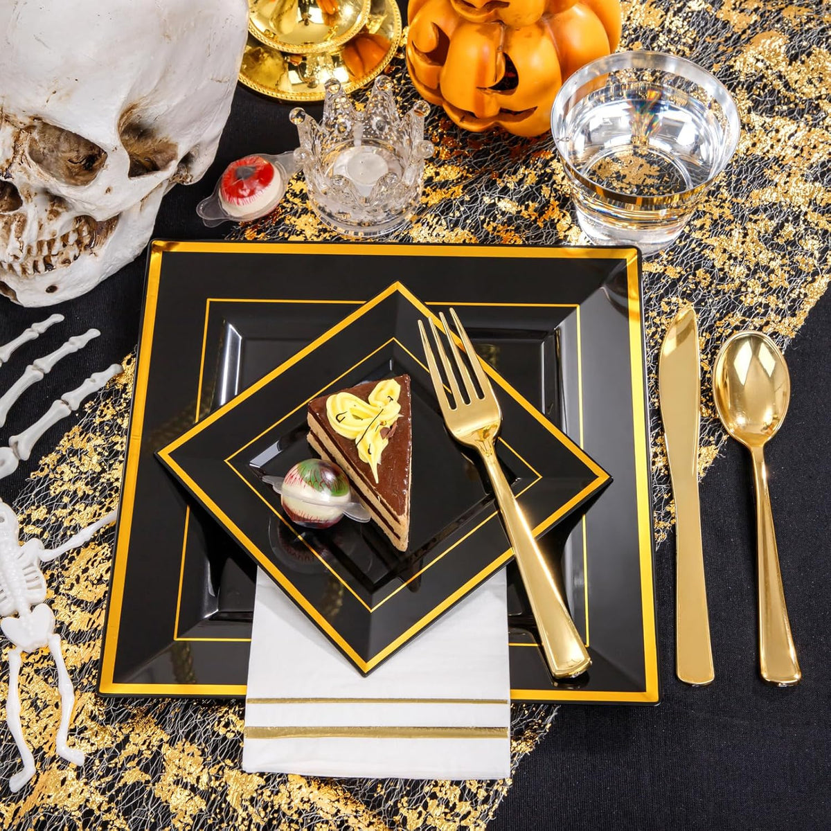 Festiva 350Pcs Black and Gold Plastic Plates-50Guests Disposable Square Black Dinnerware Set