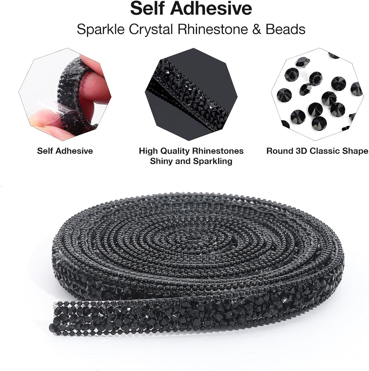Black Rhinestone Ribbon 3 Yards Self Adhesive Rhinestone Strips Diamond Ribbon Sticker Crystal Roll